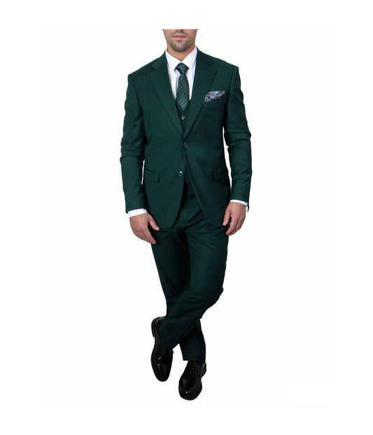 Mens Three Piece Solid Notch Lapel Suit With Matching Vest Green