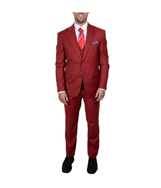 Mens Three Piece Solid Notch Lapel Suit With Matching Vest Brick