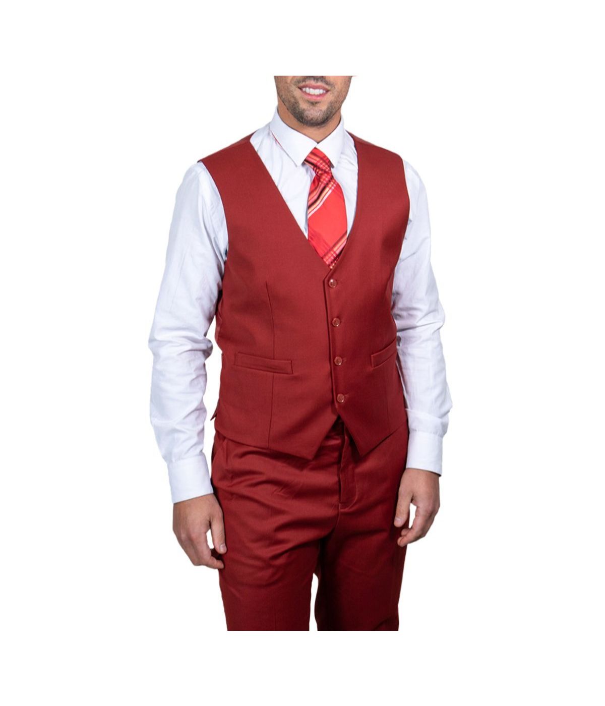  Mens Three Piece Solid Notch Lapel Suit With Matching Vest Brick - Brick - Bonton