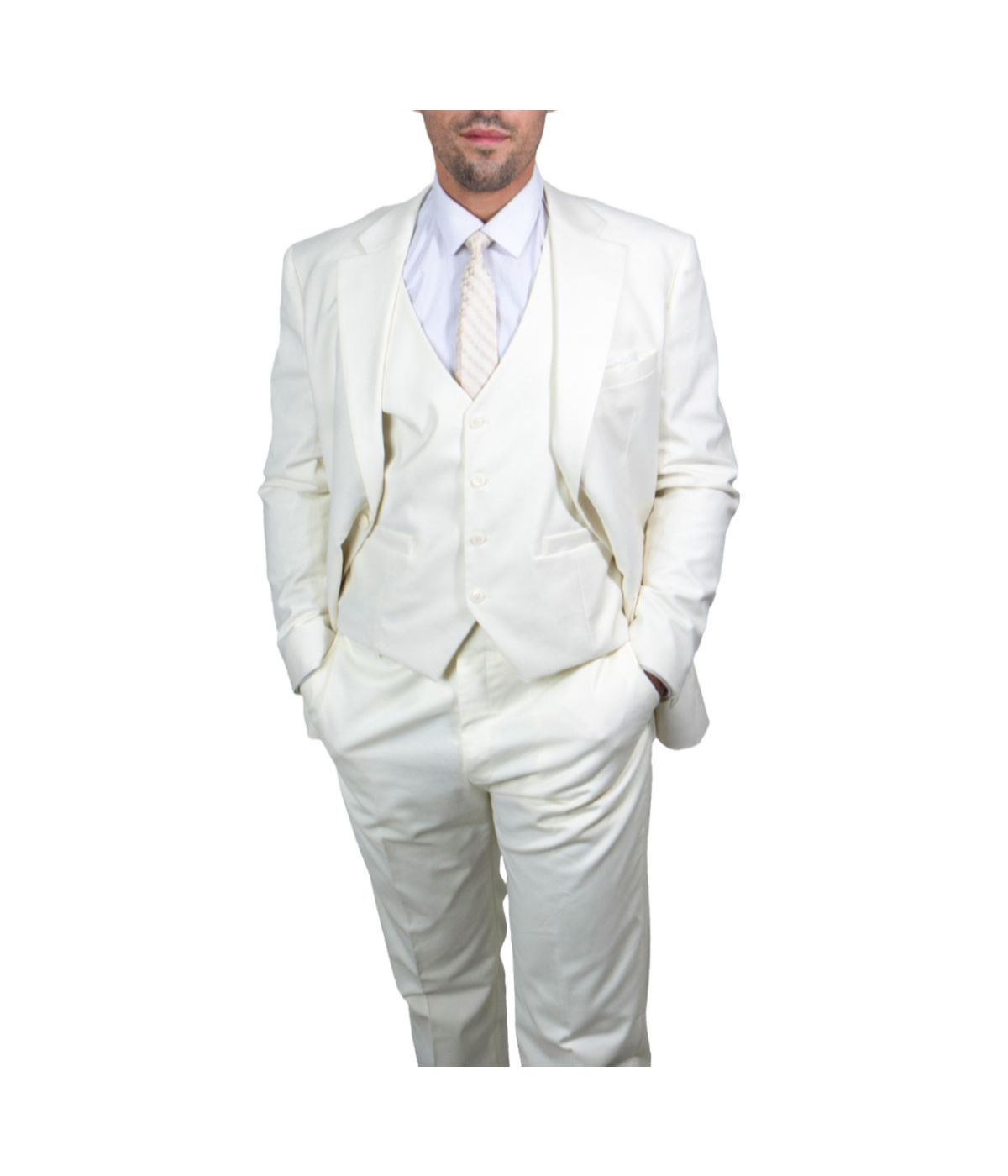  Mens Three Piece Solid Notch Lapel Suit With Matching Vest Ivory - Ivory - Bonton