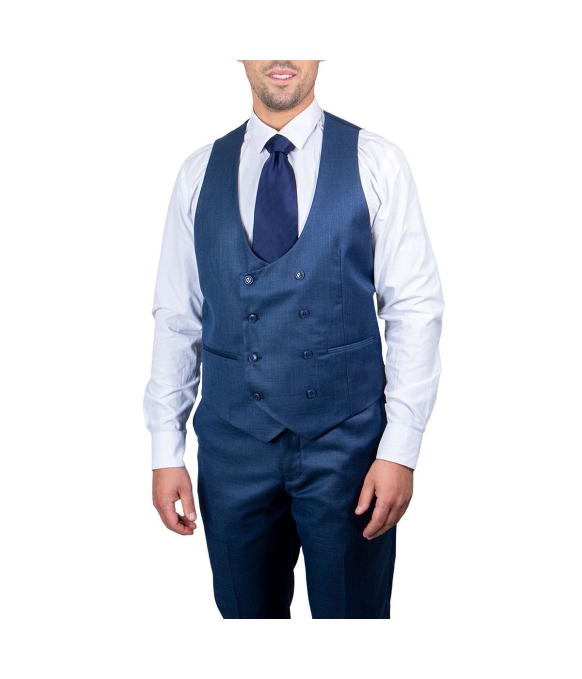  Mens Three Piece Sharkskin Notch Lapel Suit With Matching Vest Indigo - Indigo - Bonton