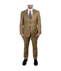 Mens Three Piece Sharkskin Notch Lapel Suit With Matching Vest Light Gold