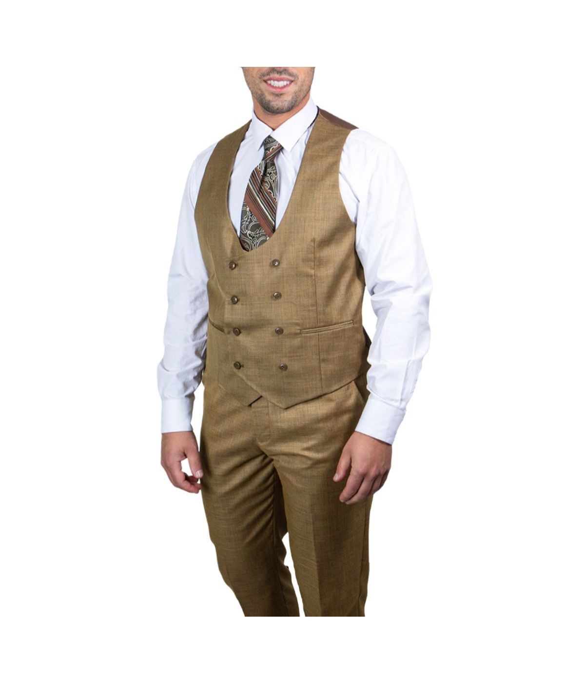  Mens Three Piece Sharkskin Notch Lapel Suit With Matching Vest Light Gold - Light Gold - Bonton