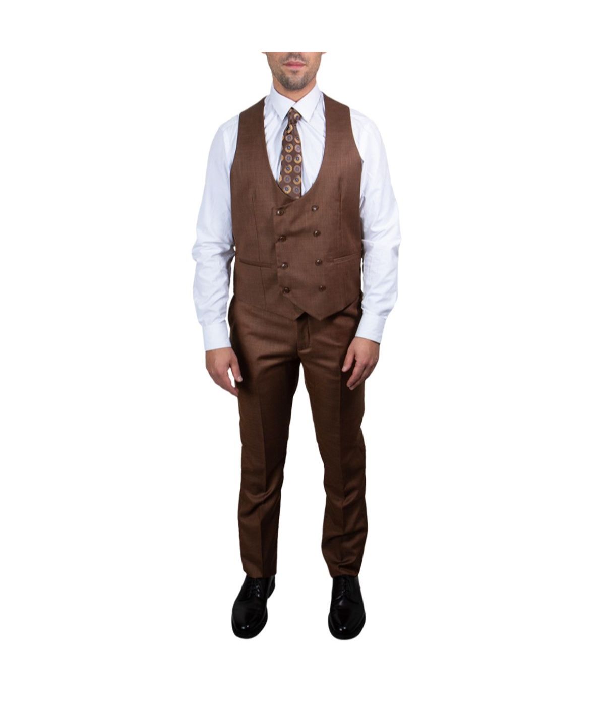  Mens Three Piece Sharkskin Notch Lapel Suit With Matching Vest Light Brown - Light Brown - Bonton