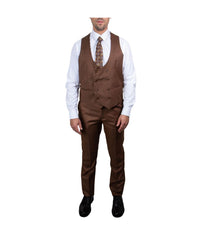 Mens Three Piece Sharkskin Notch Lapel Suit With Matching Vest Light Brown