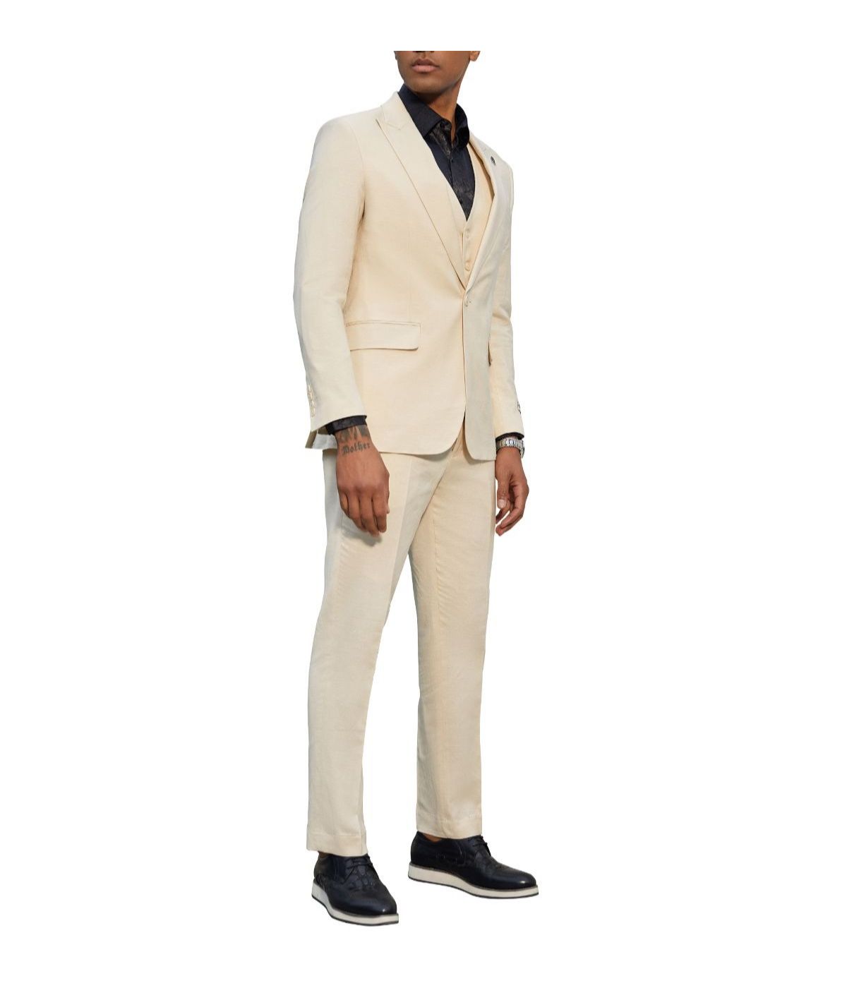  Mens Three Piece Peak Lapel Solid Texture Suit With Matching Vest Tan - Tan - Bonton