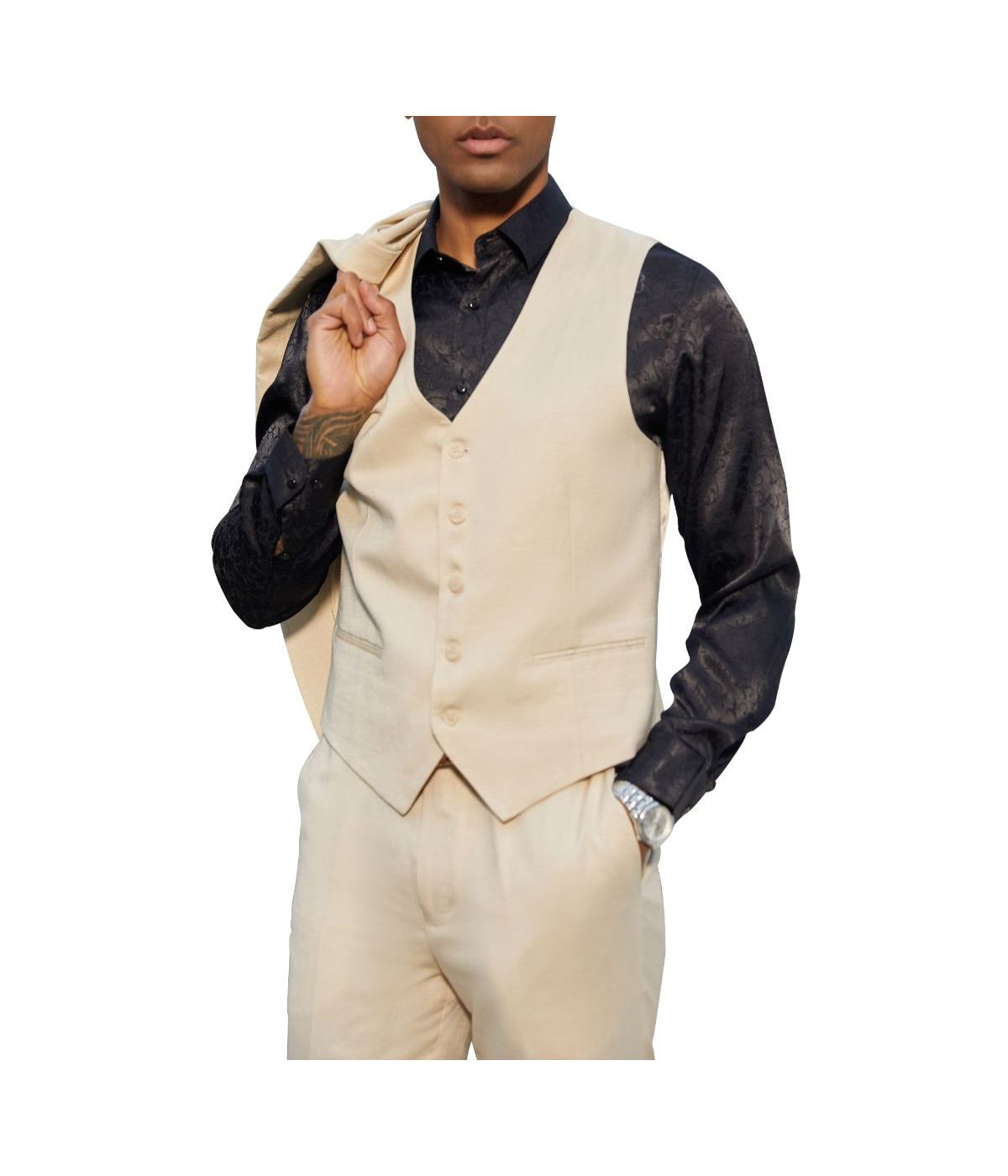  Mens Three Piece Peak Lapel Solid Texture Suit With Matching Vest Tan - Tan - Bonton