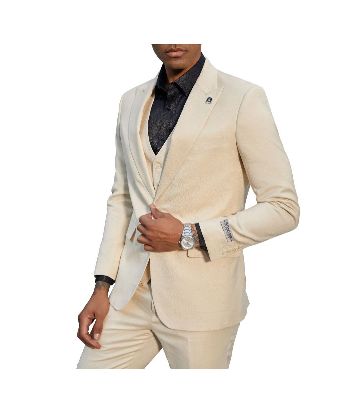  Mens Three Piece Peak Lapel Solid Texture Suit With Matching Vest Tan - Tan - Bonton