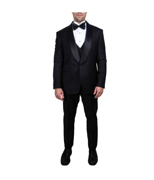 Mens Three Piece Satin Shawl Collar Tuxedo With Matching Vest Black