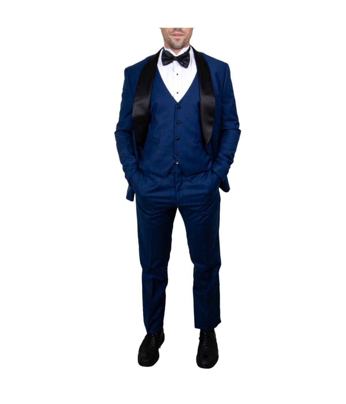  Mens Three Piece Satin Shawl Collar Tuxedo With Matching Vest Indigo - Indigo - Bonton