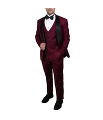 Mens Three Piece Satin Shawl Collar Tuxedo With Matching Vest Burgundy