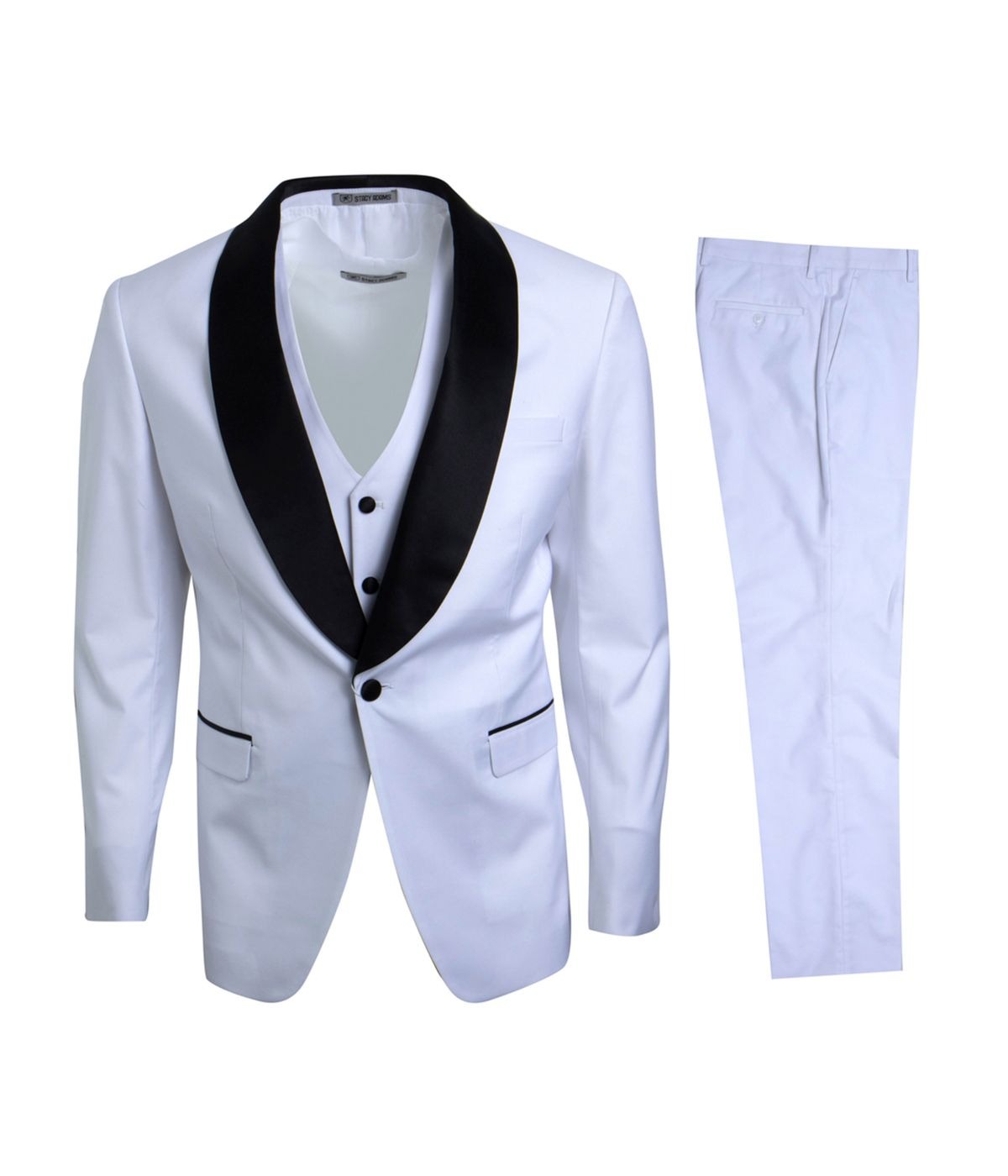  Mens Three Piece Satin Shawl Collar Tuxedo With Matching Vest White - White - Bonton