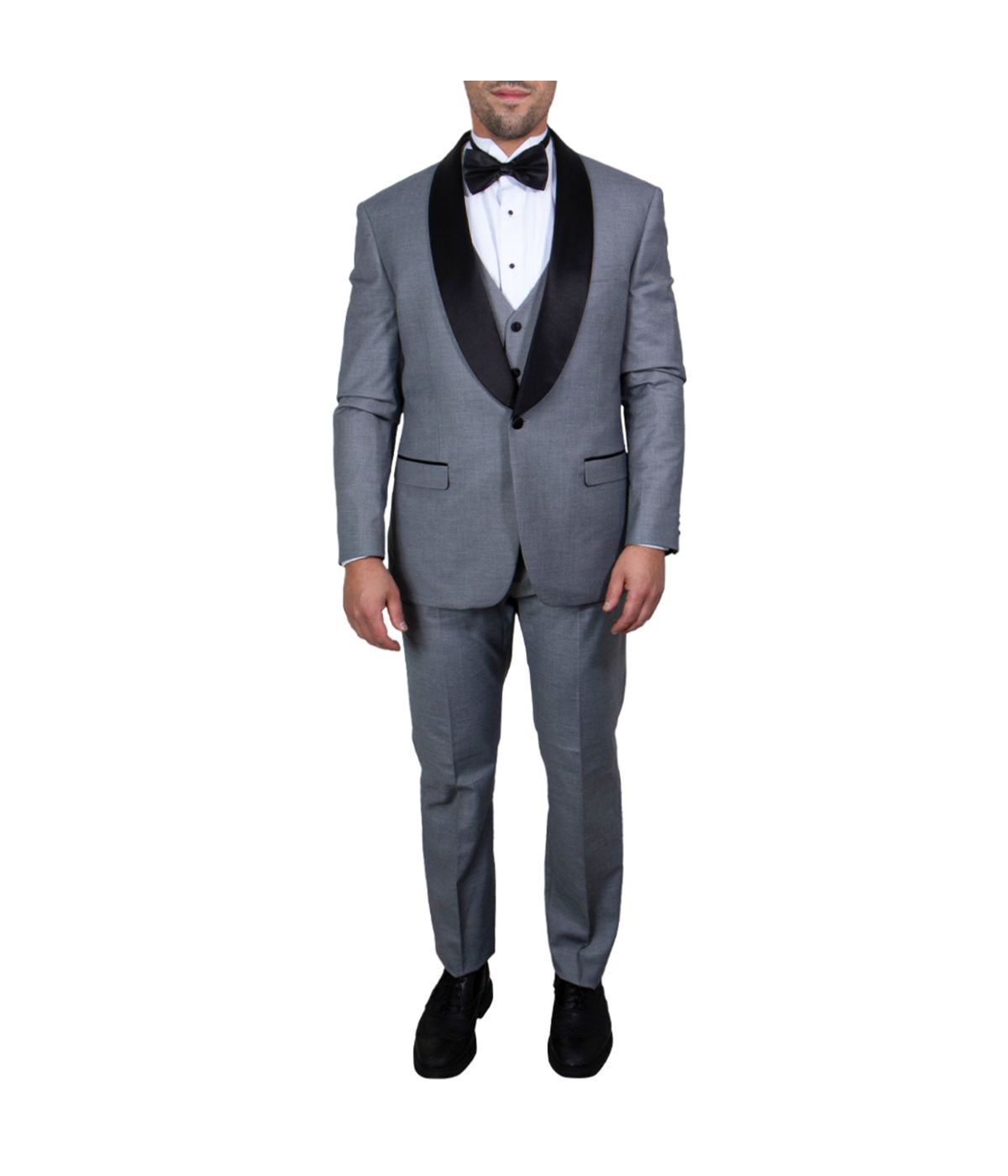  Mens Three Piece Satin Shawl Collar Tuxedo With Matching Vest Mid Grey - Mid Grey - Bonton