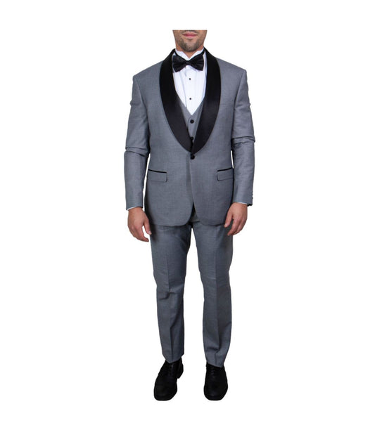 Mens Three Piece Satin Shawl Collar Tuxedo With Matching Vest Mid Grey