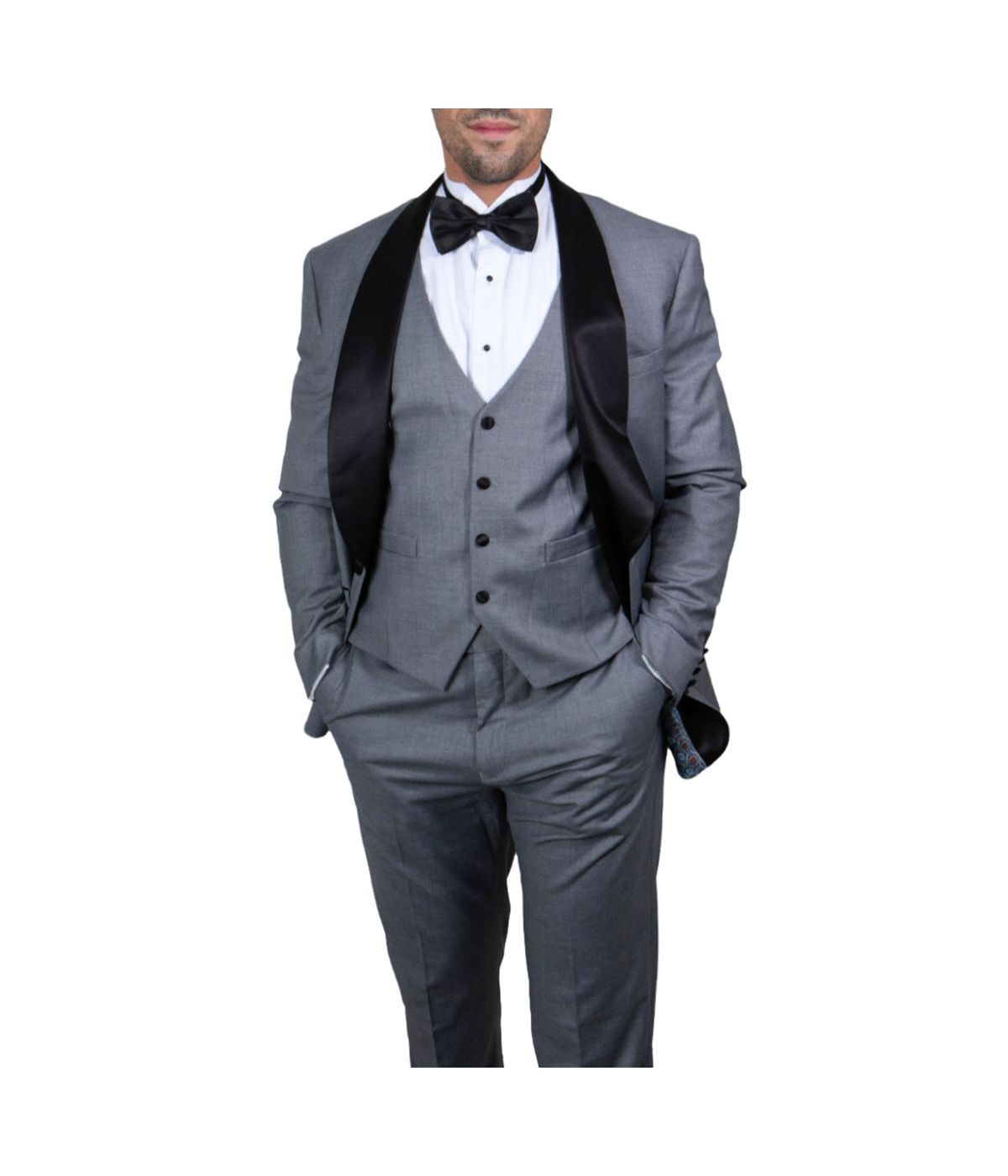  Mens Three Piece Satin Shawl Collar Tuxedo With Matching Vest Mid Grey - Mid Grey - Bonton