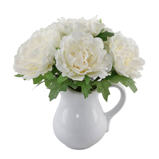 White Silk Peony Flowers In Ceramic Vase