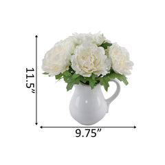 White Silk Peony Flowers In Ceramic Vase