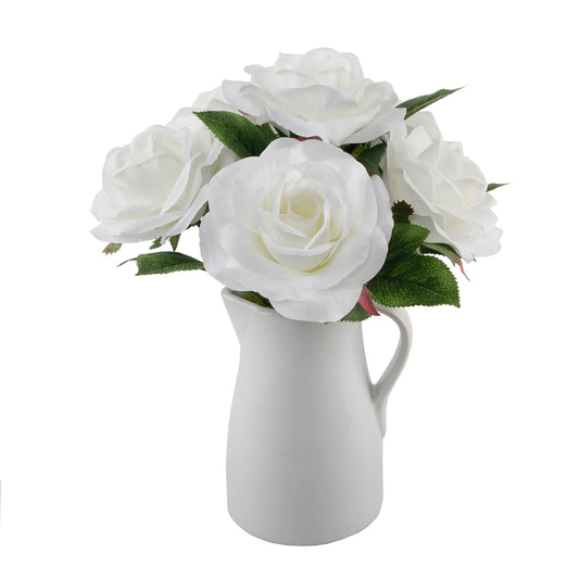 White Silk Roses In Ceramic Water Pot