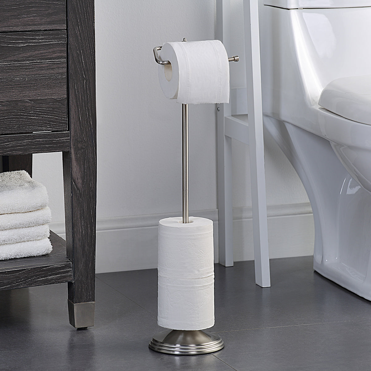  Free Standing Bathroom Toilet Tissue Paper Roll Holder Stand with Reserve Function - Stainless - Bonton