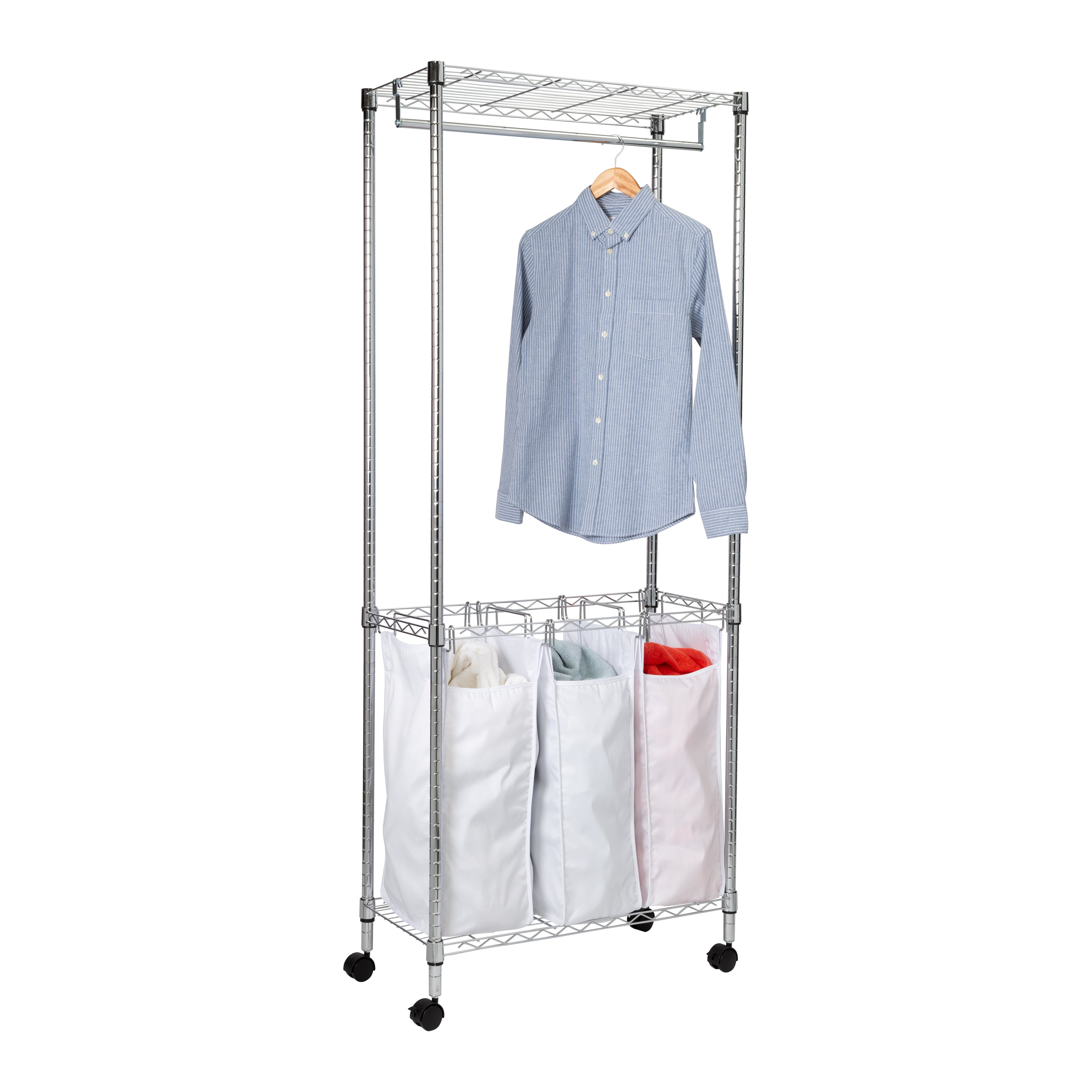  Honey-Can-Do Triple Laundry Sorter With Garment Rod And Storage Shelf - White - Bonton