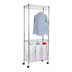 Triple Laundry Sorter With Garment Rod And Storage Shelf