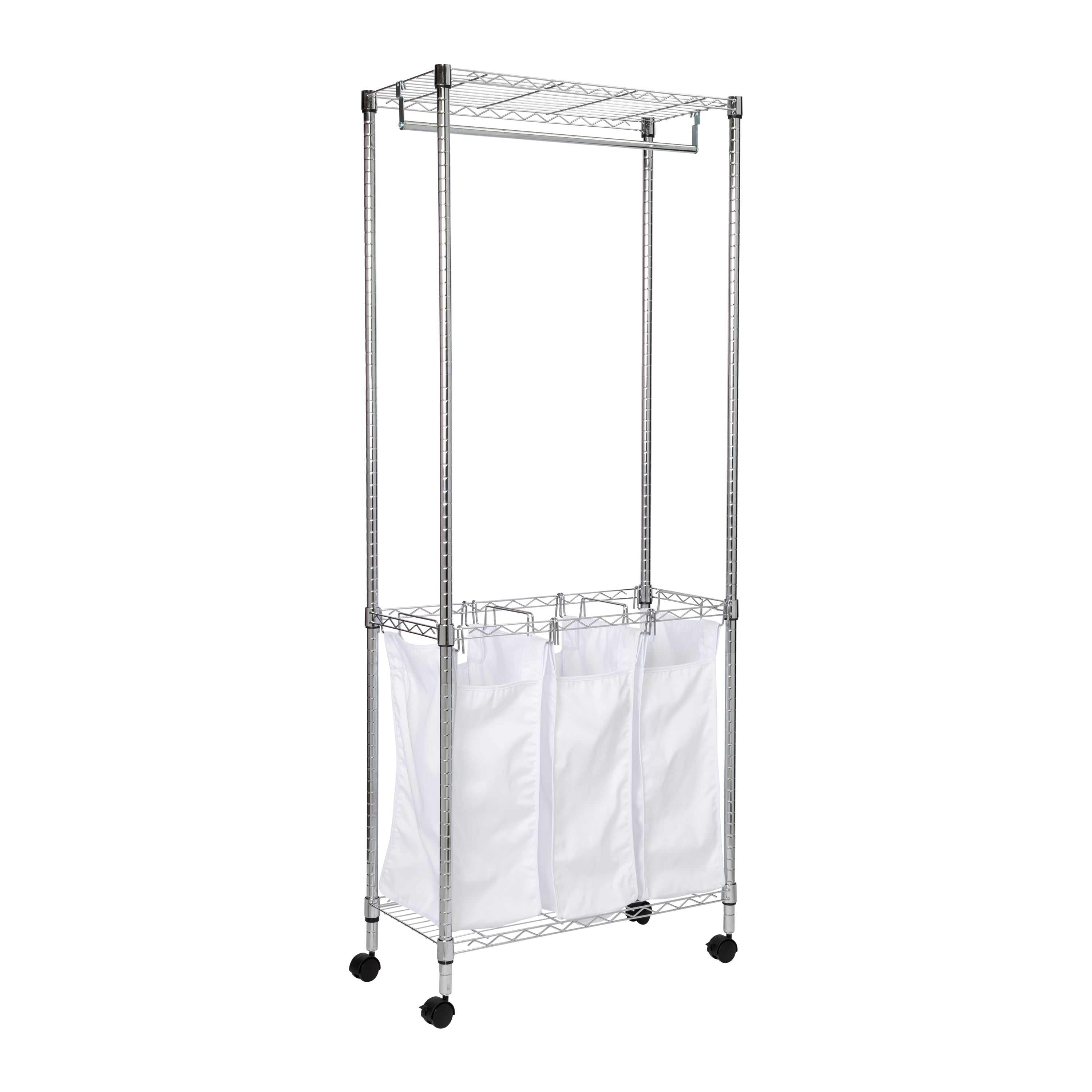  Honey-Can-Do Triple Laundry Sorter With Garment Rod And Storage Shelf - White - Bonton