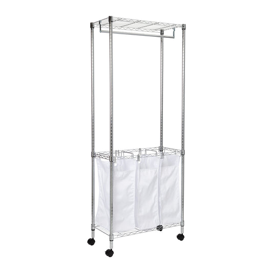 Triple Laundry Sorter With Garment Rod And Storage Shelf