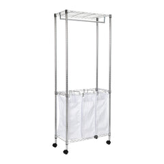 Triple Laundry Sorter With Garment Rod And Storage Shelf