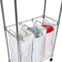 Triple Laundry Sorter With Garment Rod And Storage Shelf