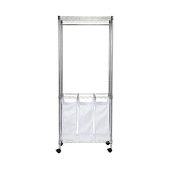 Triple Laundry Sorter With Garment Rod And Storage Shelf