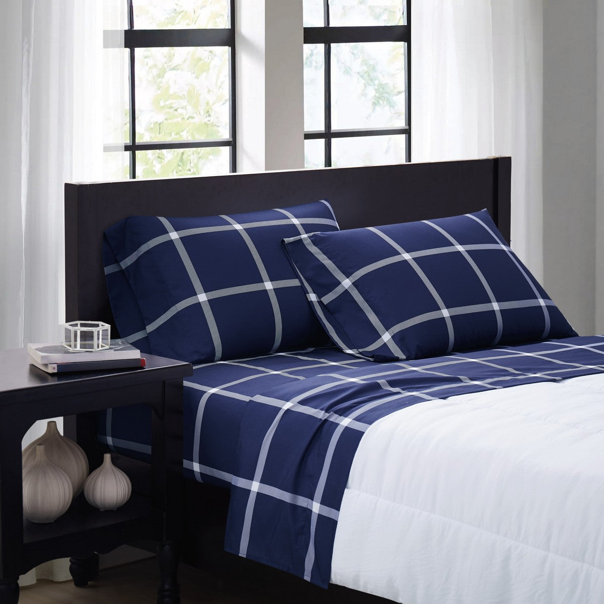  Truly Soft Printed Windowpane Sheet Set - White and Navy - Bonton