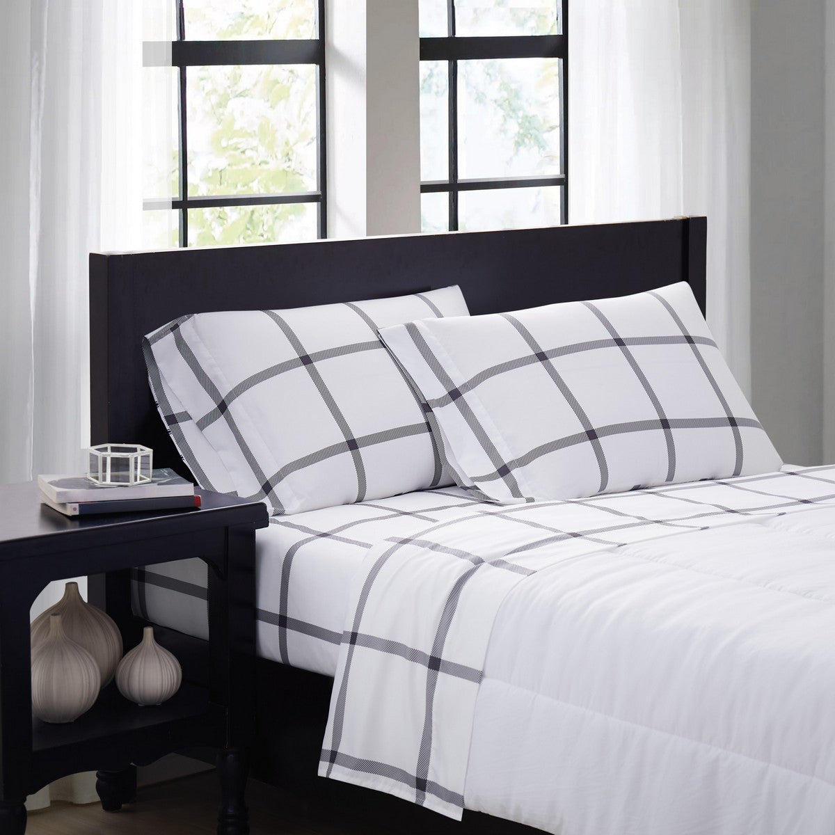  Truly Soft Printed Windowpane Sheet Set - White and Charcoal Grey - Bonton