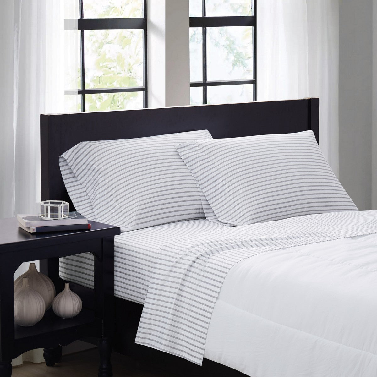  Truly Soft Classic Pinstripe Sheet Set - White and Grey - Bonton