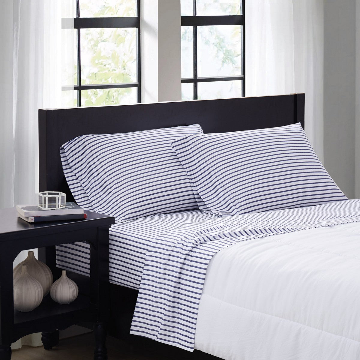  Truly Soft Classic Pinstripe Sheet Set - White and Navy - Bonton