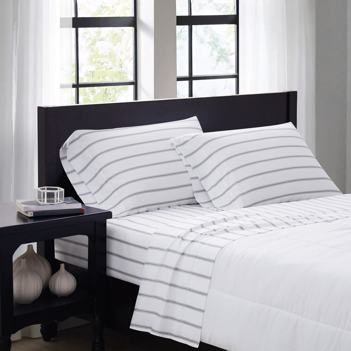  Ticking Stripe Sheet Set White/Grey - White and Grey - Bonton