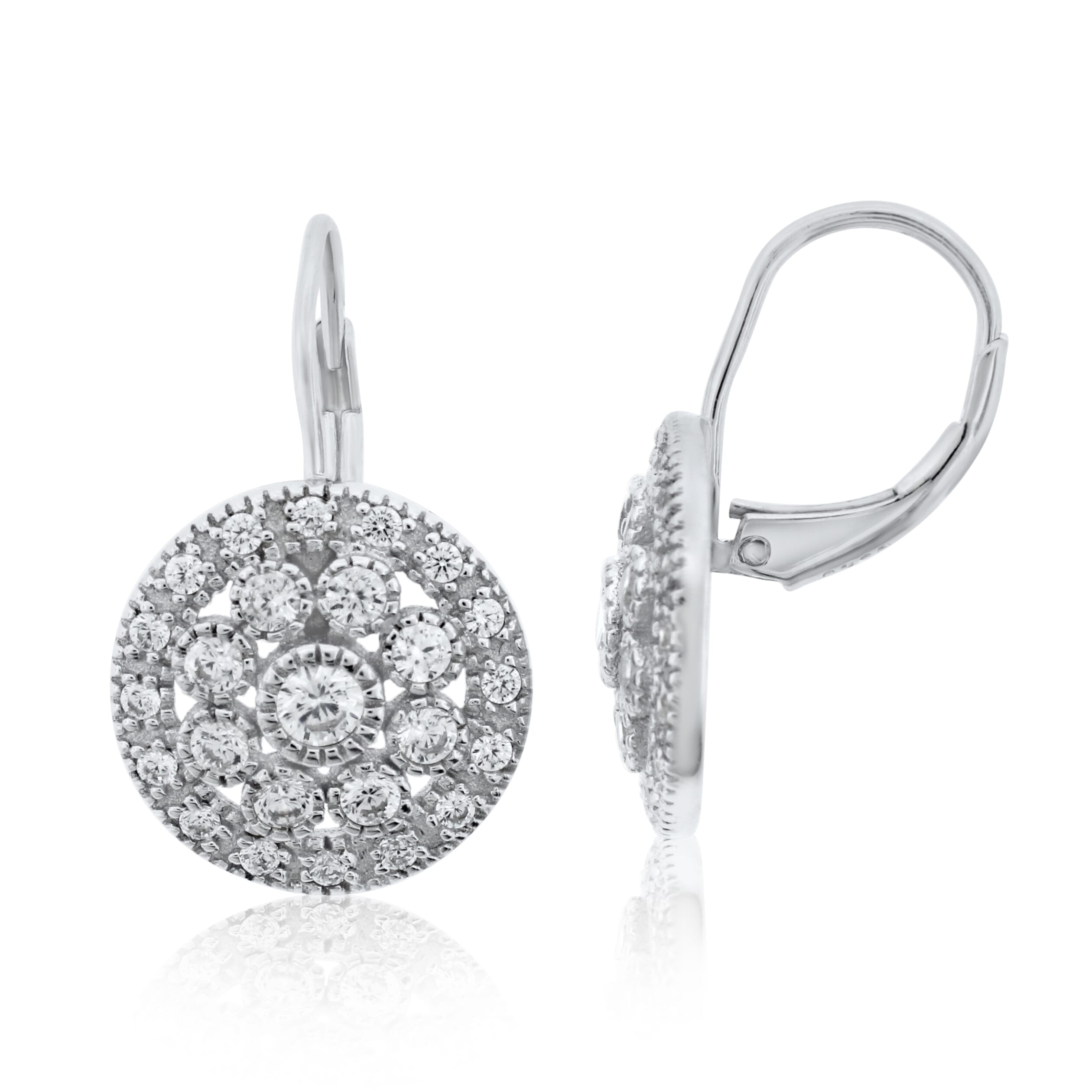  Meredith Leigh Designs Sterling Silver CZ Vintage Look Leverback Earrings With Milgrain Detail - Clear stone - Bonton