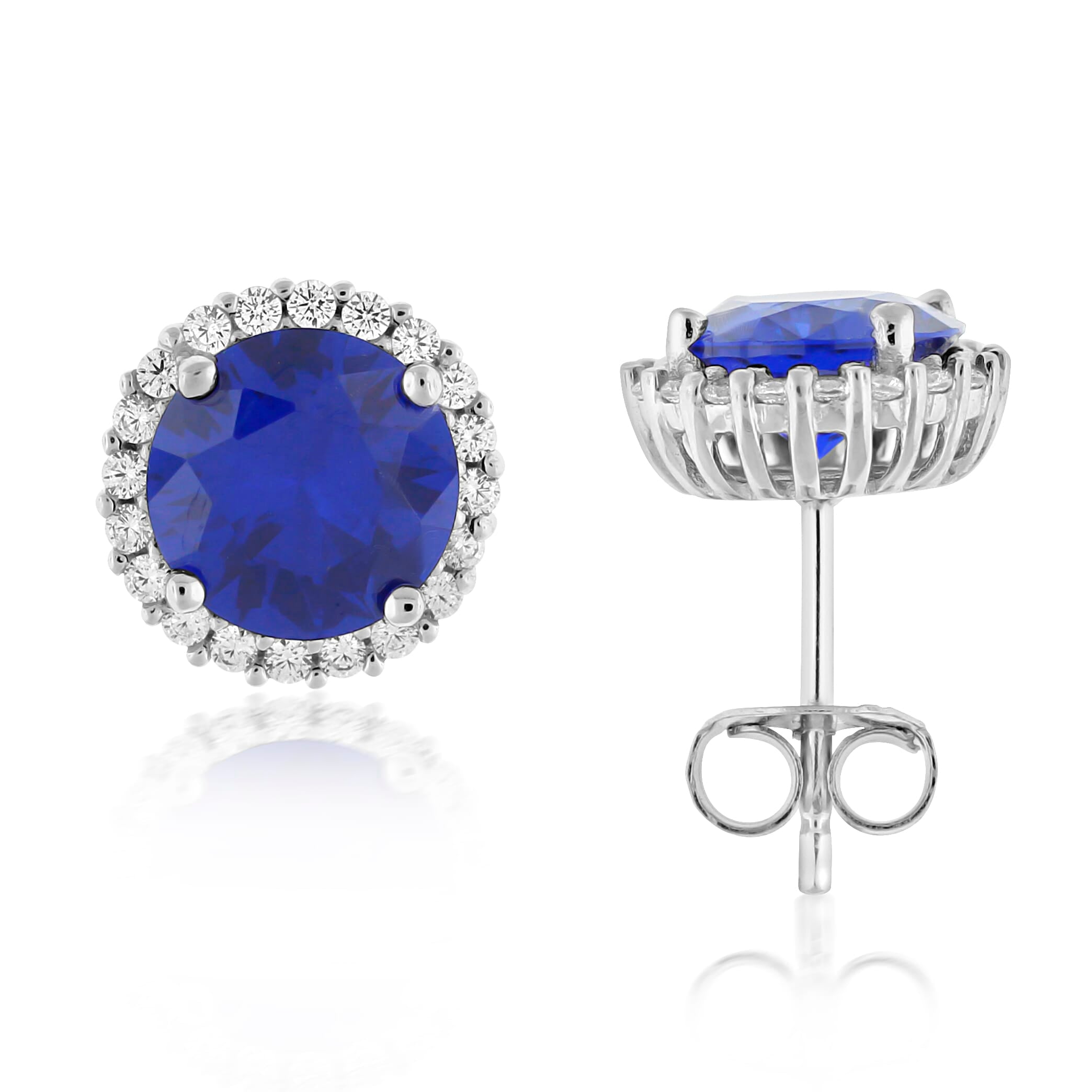  Meredith Leigh Designs Sterling Silver Rd Sapphire CZ With Halo Stud Earring - Sapphire colored stone - Bonton