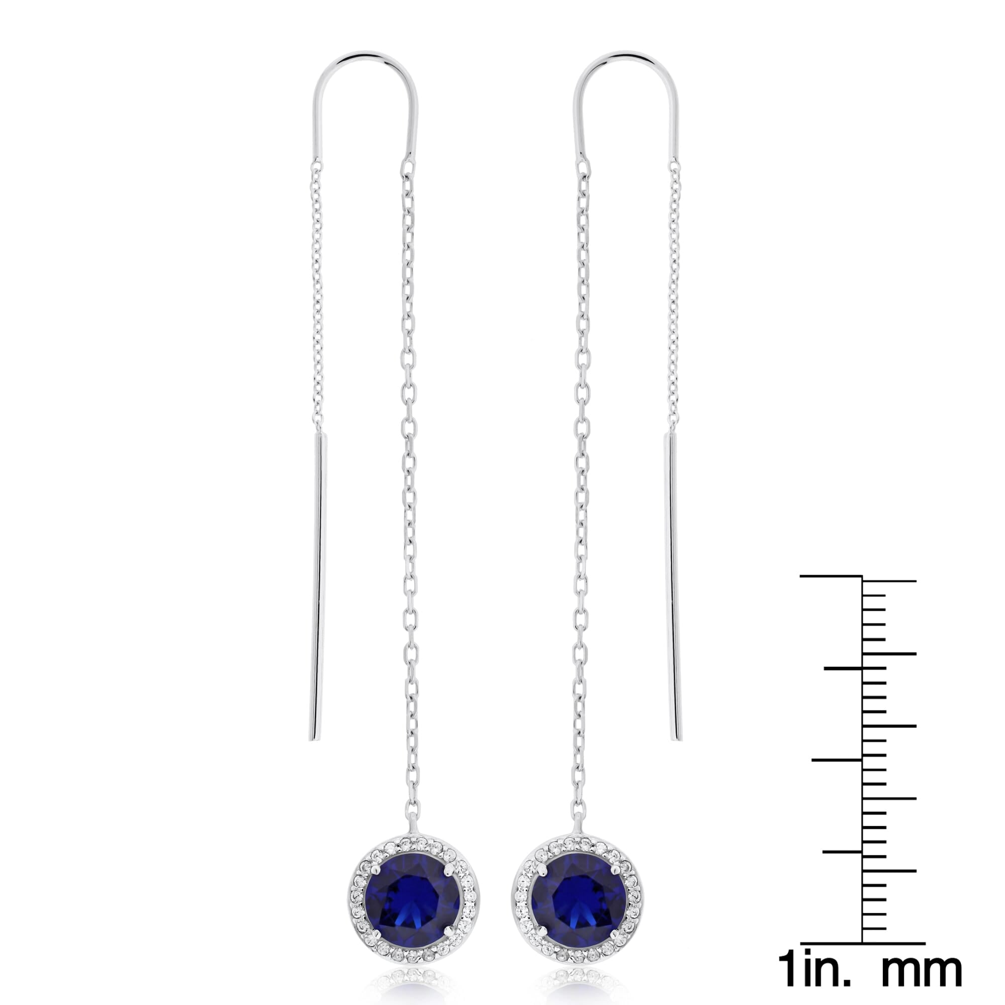  Meredith Leigh Designs Sterling Silver Rd Sapphire CZ With Halo Drop Threader Earring - Sapphire colored stone - Bonton