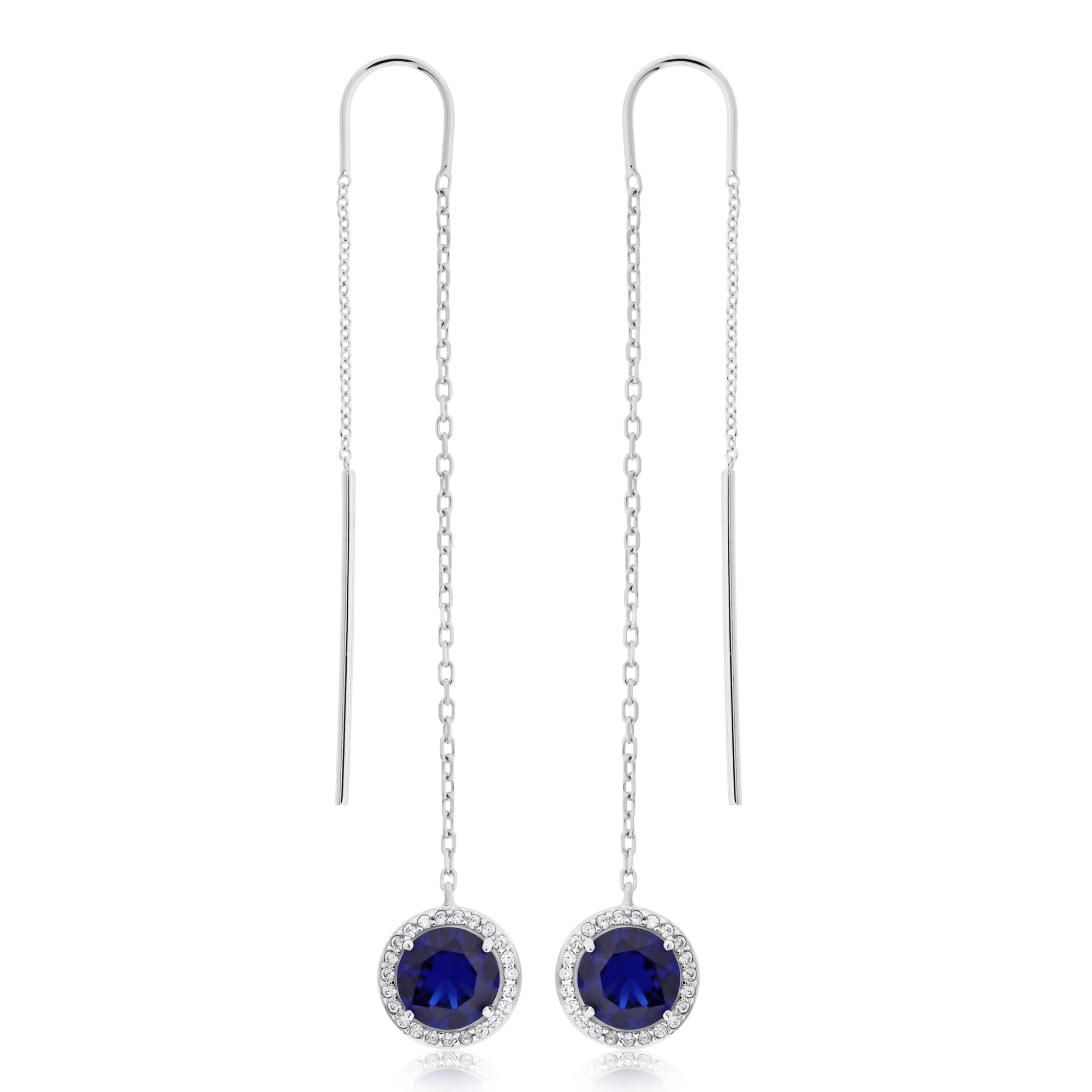  Meredith Leigh Designs Sterling Silver Rd Sapphire CZ With Halo Drop Threader Earring - Sapphire colored stone - Bonton