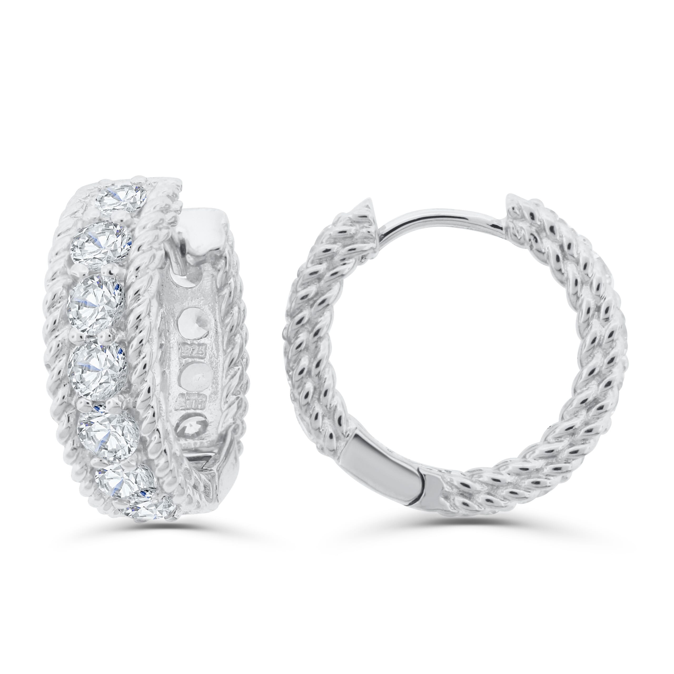  Meredith Leigh Designs Sterling Silver Round CZ In Rope Border Petite Hoops - Clear stone - Bonton