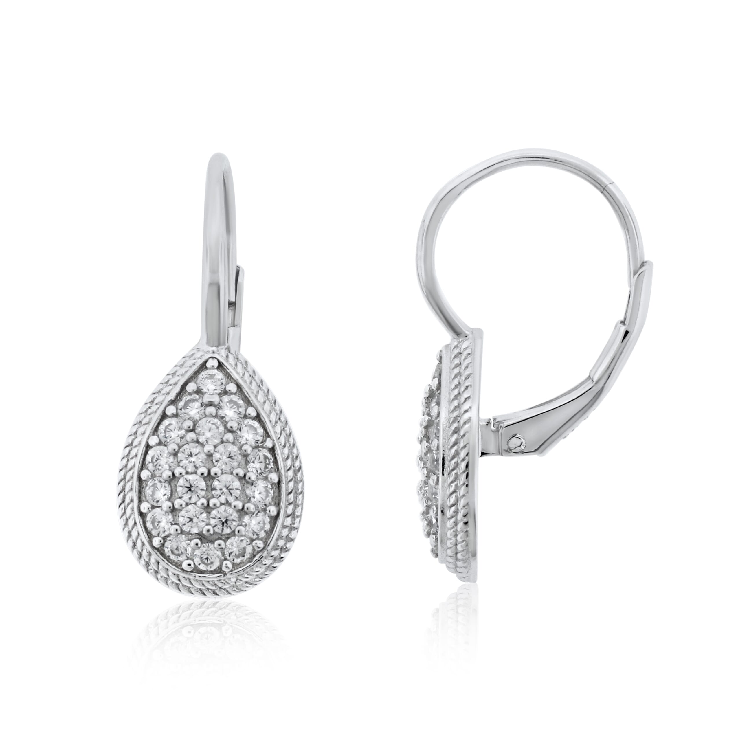  Meredith Leigh Designs Sterling Silver Pave CZ With Rope Trim Lever Back Earrings - Clear stone - Bonton