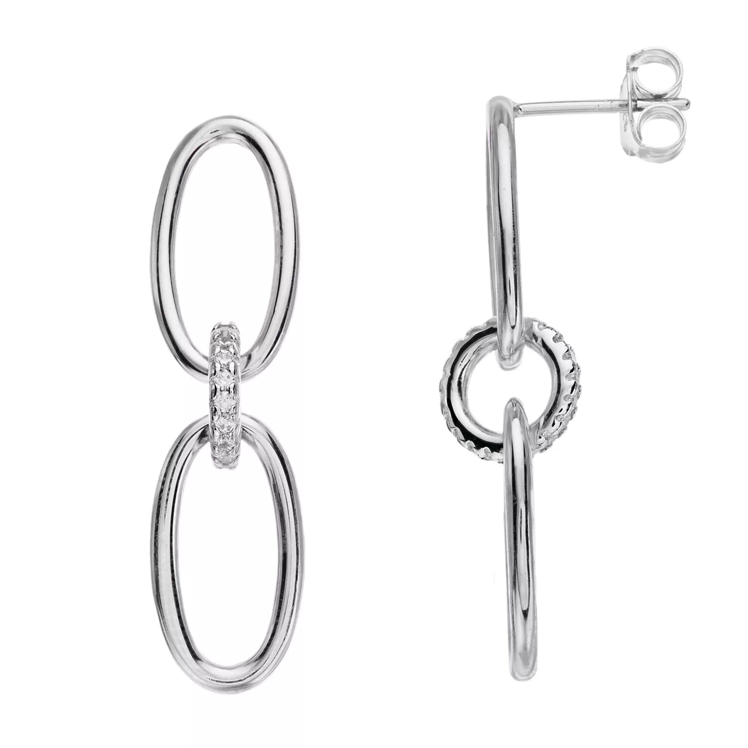  Meredith Leigh Designs Sterling Silver Open Link Dangle Earrings With CZ Accent Center Link - Clear stone - Bonton