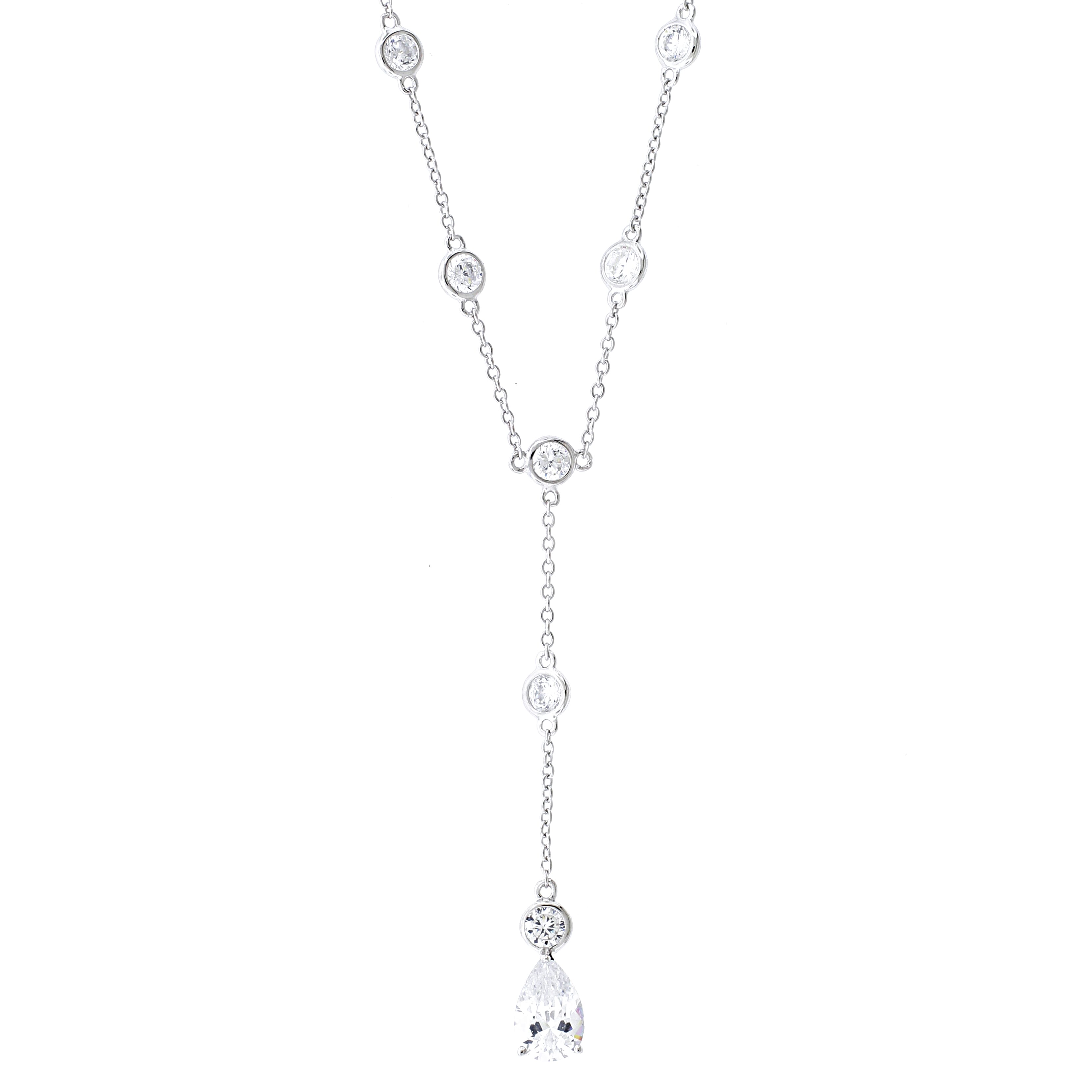  Meredith Leigh Designs Sterling Silver Y Necklace With Bezel CZ Stations And Pear CZ Drop - Clear stone - Bonton