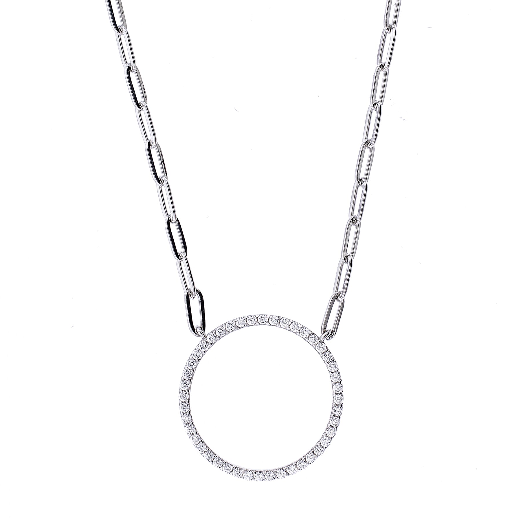  Meredith Leigh Designs Sterling Silver Paperclip Chain Necklace With Open CZ Circle Station - Clear stone - Bonton