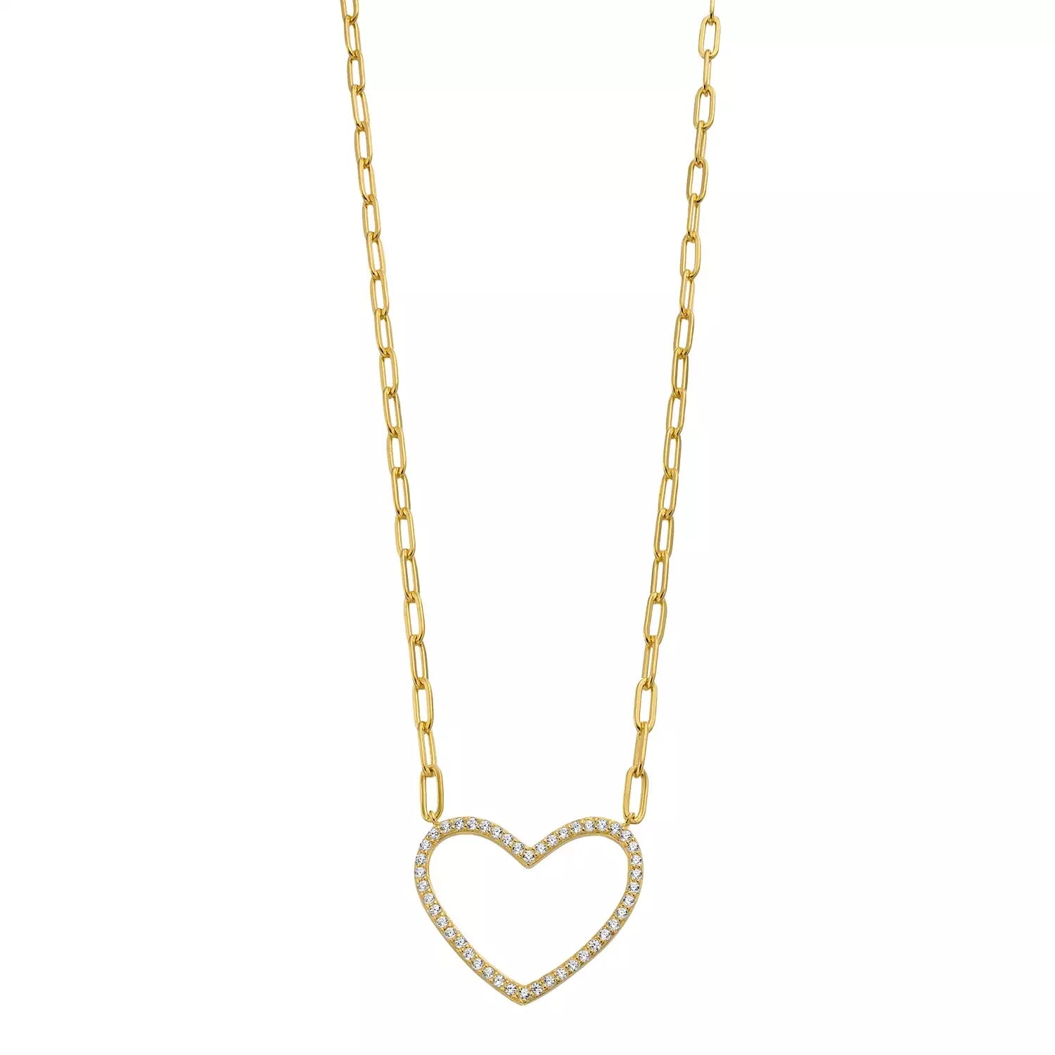  Meredith Leigh Designs Sterling Silver/Yellow Gold over Silver Paperclip Chain Necklace With Open CZ Heart Station - Clear stone - Bonton