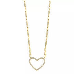 Sterling-Silver-Yellow-Gold-over-Silver-Paperclip-Chain-Necklace-With-Open-CZ-Heart-Station-Clear stone-1