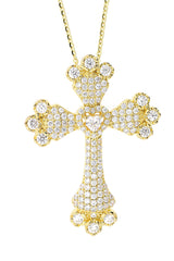 Sterling-Silver-Yellow-Gold-over-Silver-Large-CZ-Cross-Sterling-Silver-Pendant-With-Heart-CZ-Center-Clear stone-1