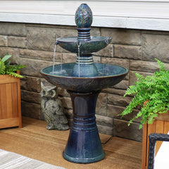 38"H Electric Ceramic 2-Tier Water Feature with LED Lights, Green