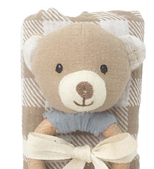 Gingham Muslin and Bear Wood Rattle Gift Set