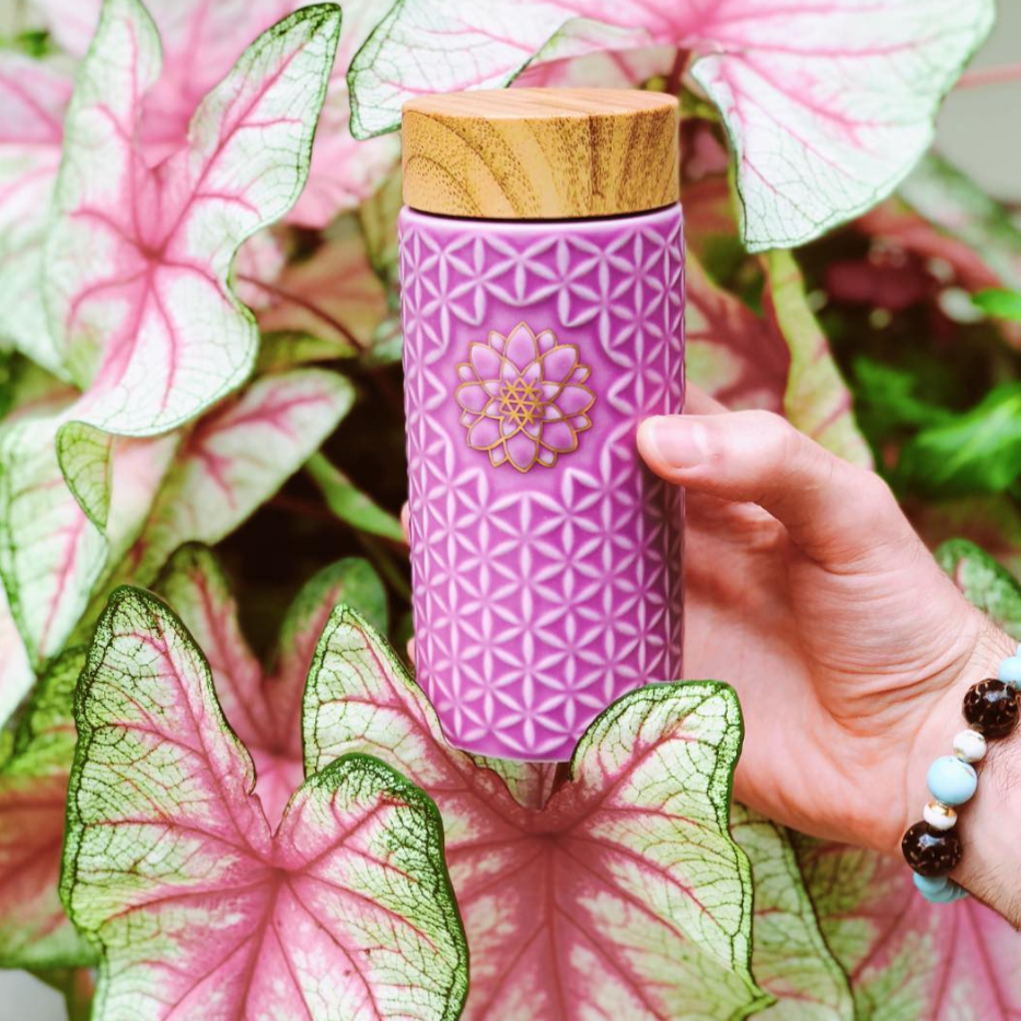  Acera Flower of Life Travel Mug / Single Wall / 14 Oz - Lilac / Hand-painted gold flower - Bonton